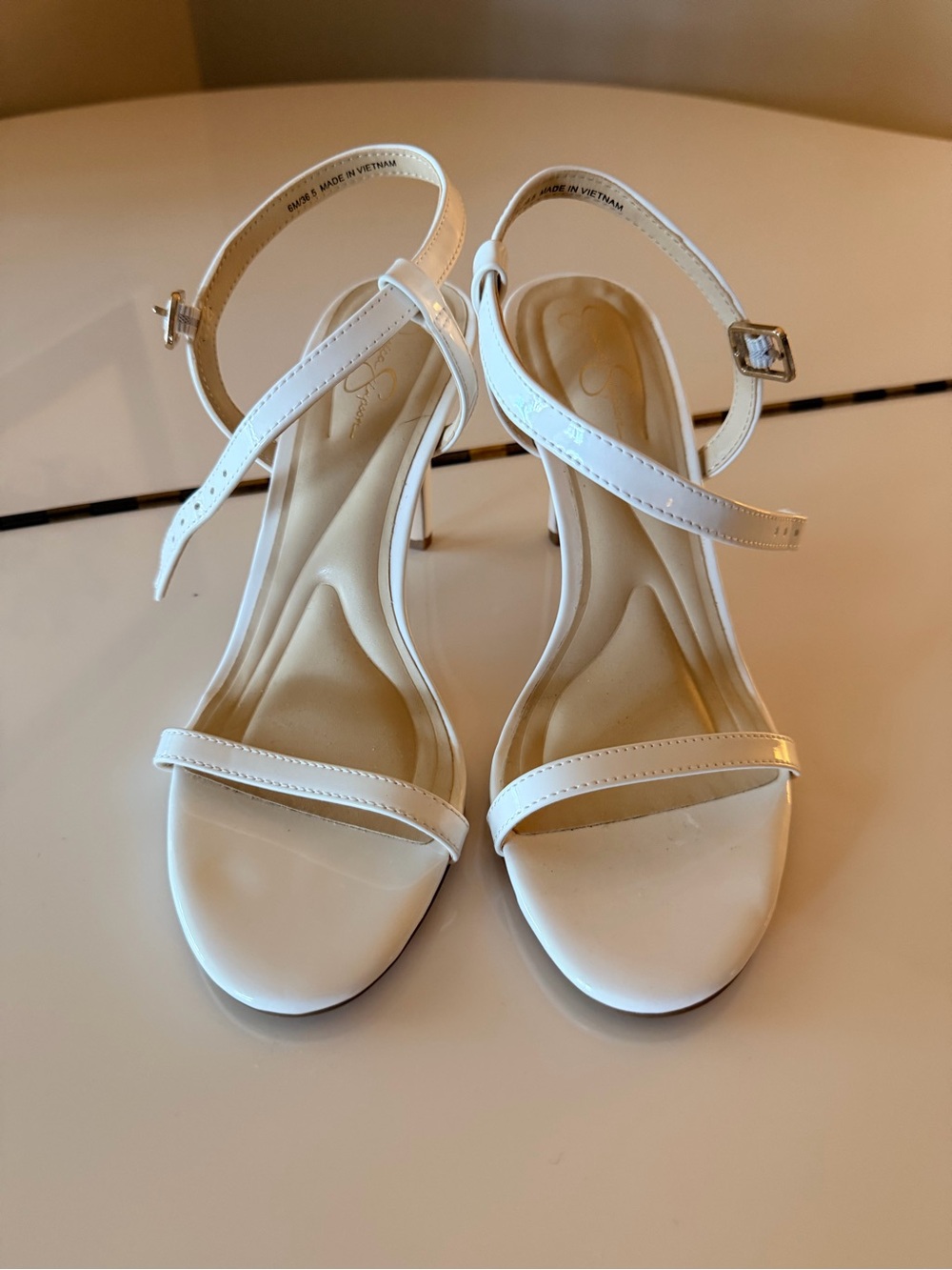 Jessica Simpson White Strappy Ankle‑Buckle Heeled Sandals